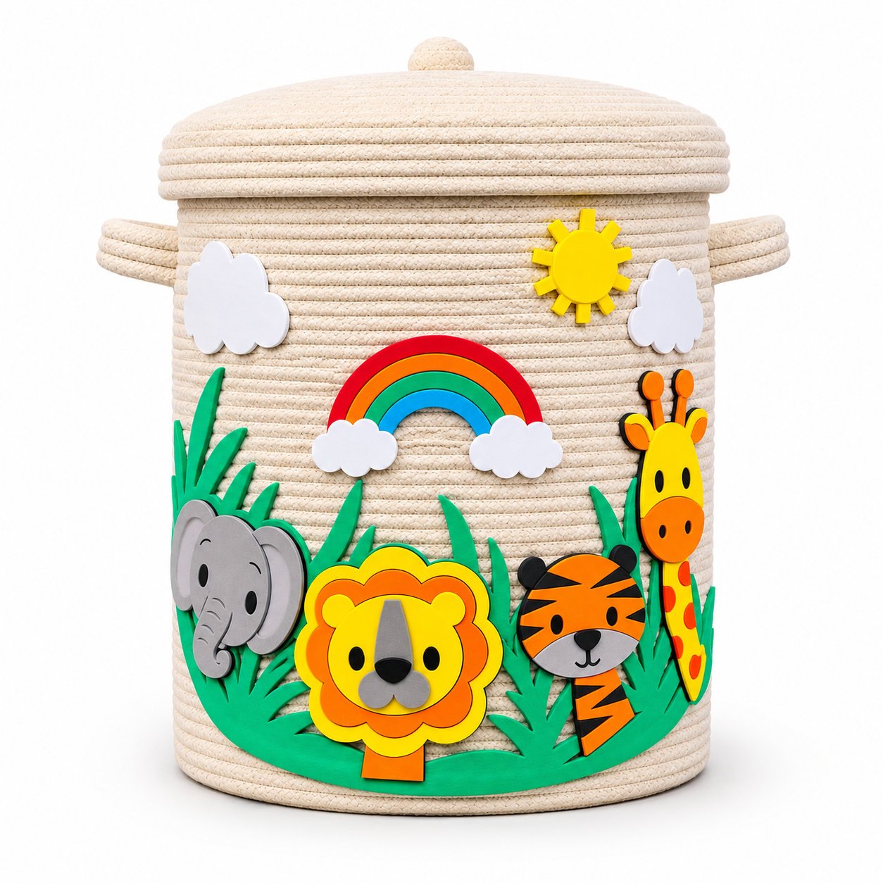 Jungle Theme Kids Rope Storage Basket with Lid | Handmade Safari Animal Toy & Clothes Organizer | Decorative Nursery Storage Basket | Elephant Lion Tiger Giraffe Design | 14 × 16 × 16