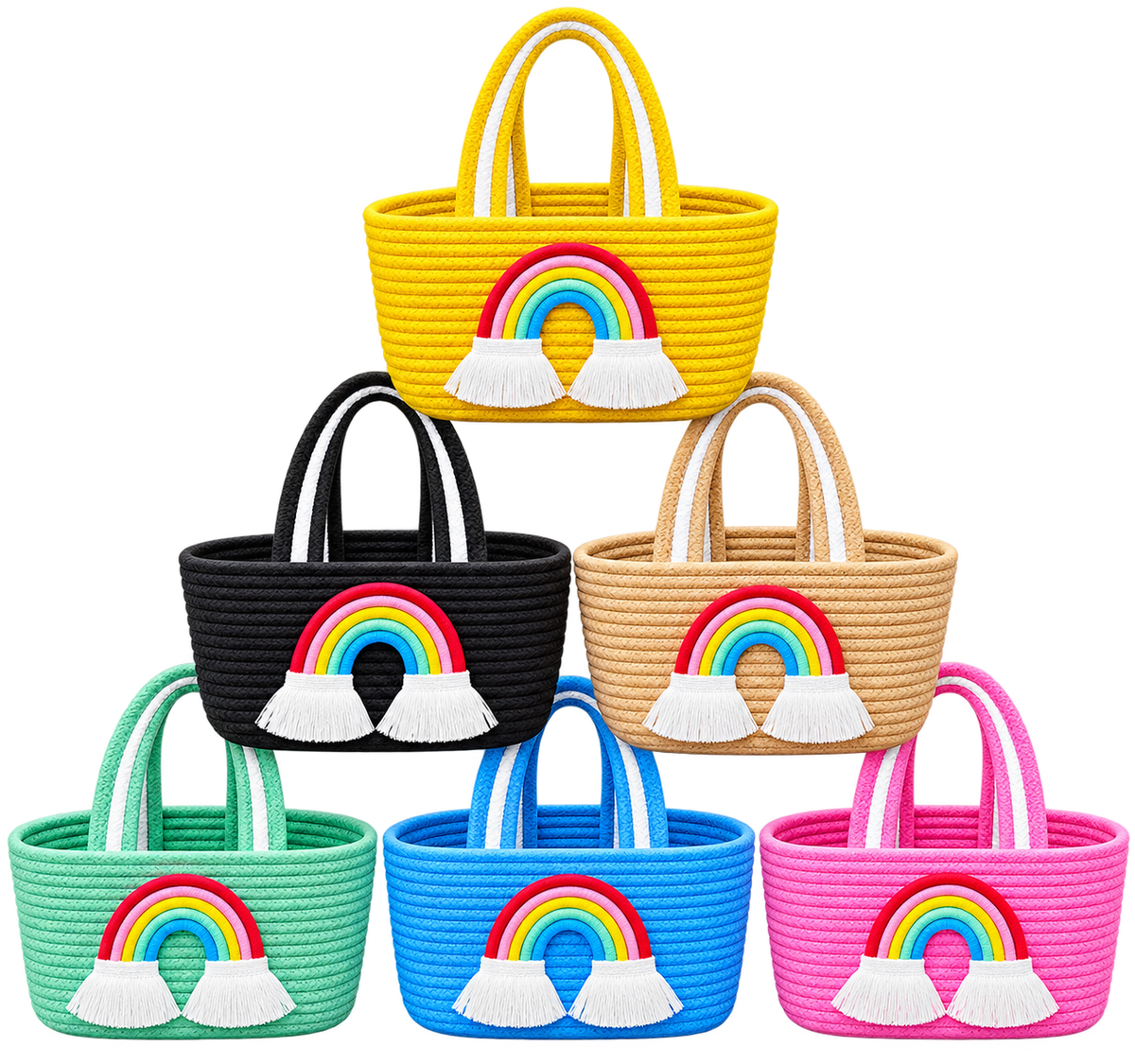 Jutepie Rainbow Rope Tote Bag – Handmade Braided Cotton Bag with Tassels | 10 × 6 × 6 Inch | Multiple Colors