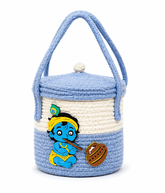 Handcrafted Krishna Design Crochet Storage Basket with Lid (7x7 Inch)