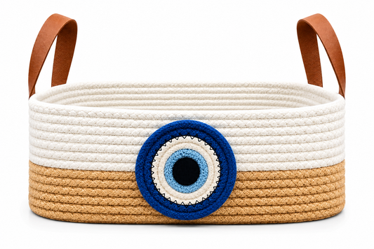Evil Eye Jute Rope Storage Basket with Leather Handles
