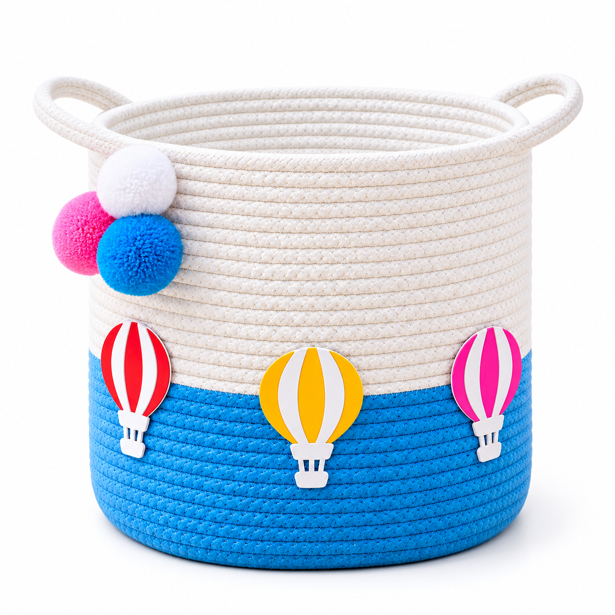 Kids Storage Basket 12×12 Inch | Handmade Cotton Rope Toy Organizer | Blue Balloon Design for Kids Room