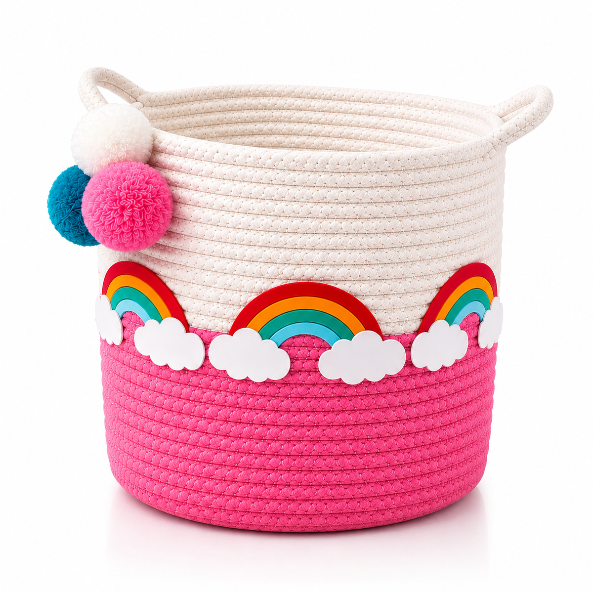 Rainbow Dreams Pink & White Woven Storage Basket for Kids | Toy & Nursery Organizer | 12 × 12 Inch