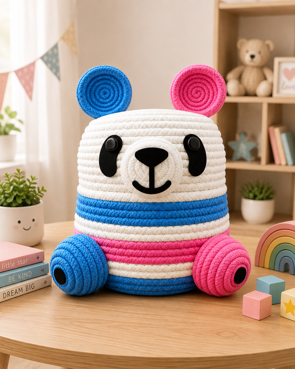 Handmade Jute Rope Bear Storage Basket for Kids | Cute Blue & Pink Toy Organizer | Animal-Shaped Basket for Nursery, Playroom & Home Decor