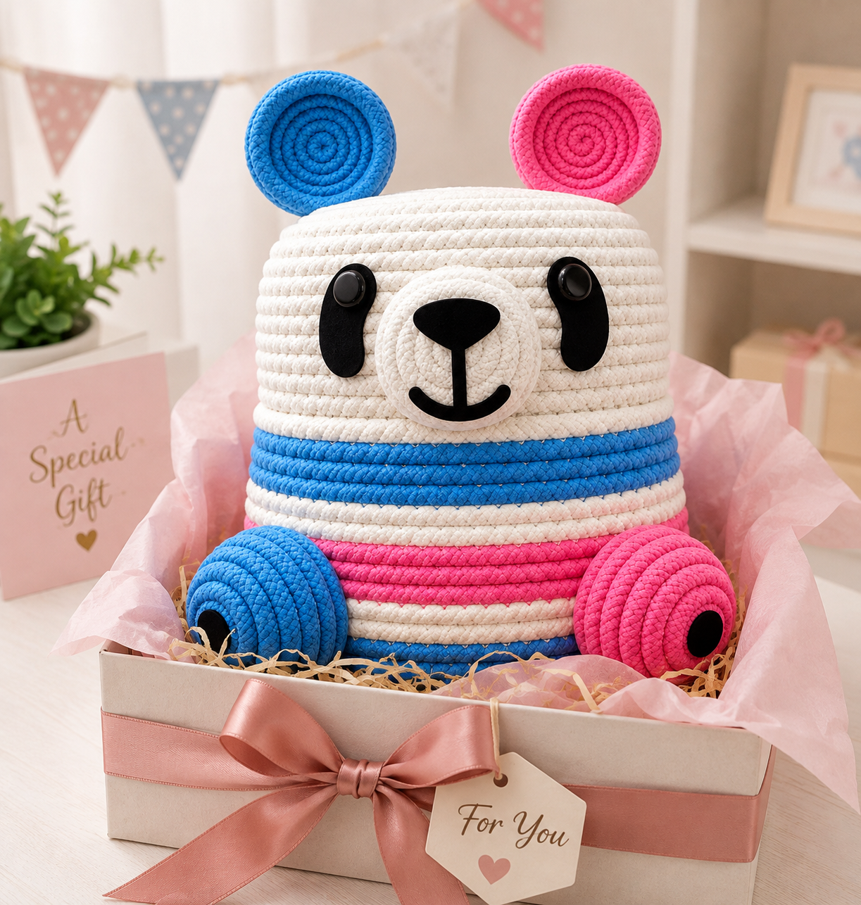 Handmade Jute Rope Bear Storage Basket for Kids | Cute Blue & Pink Toy Organizer | Animal-Shaped Basket for Nursery, Playroom & Home Decor