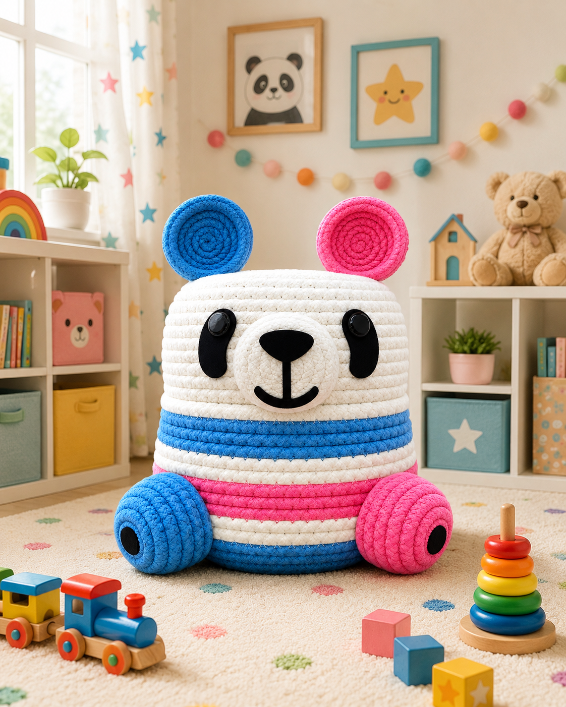 Handmade Jute Rope Bear Storage Basket for Kids | Cute Blue & Pink Toy Organizer | Animal-Shaped Basket for Nursery, Playroom & Home Decor
