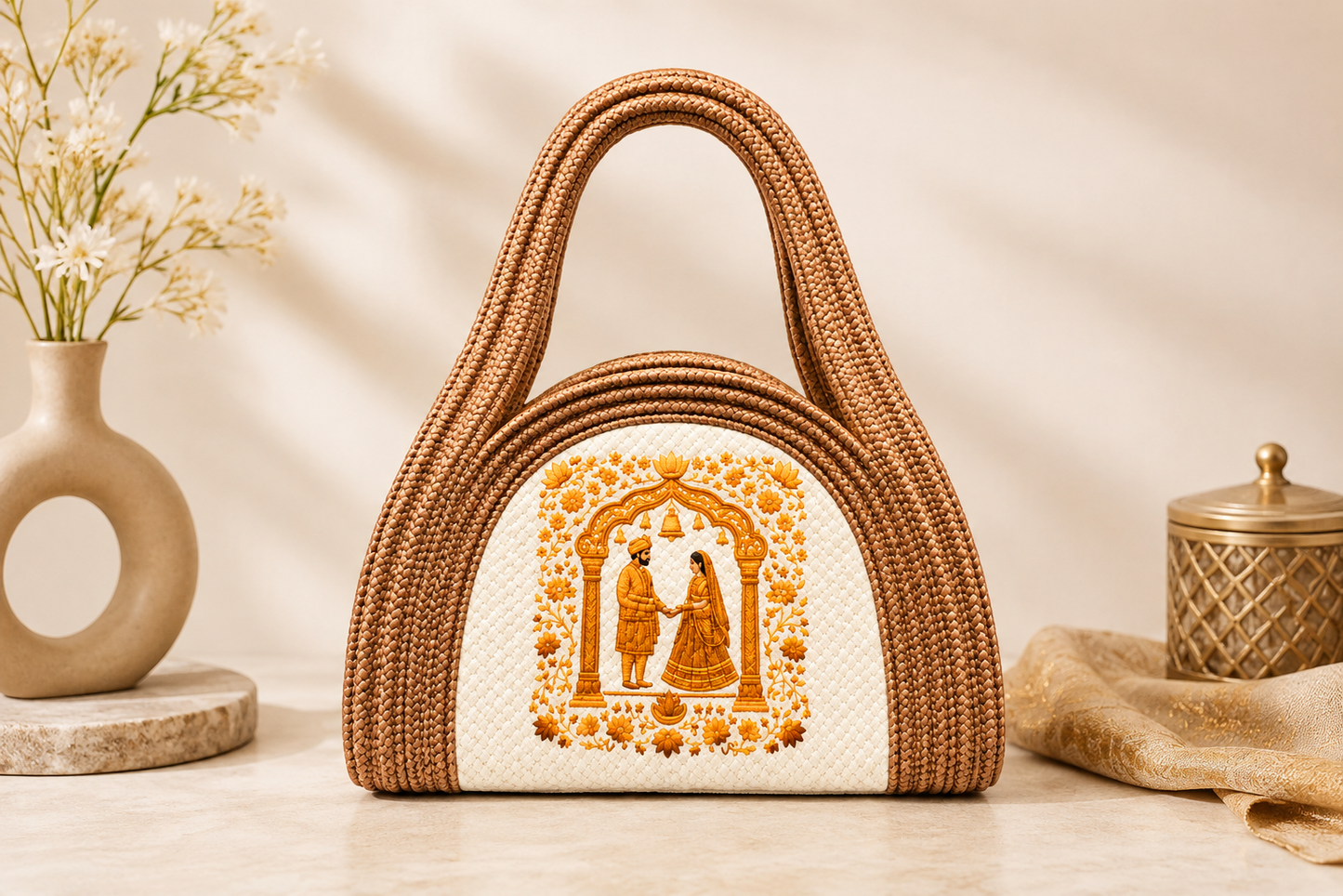 Handcrafted Jute Wedding Gift Bag – Premium Golden Embroidered Carry Bag