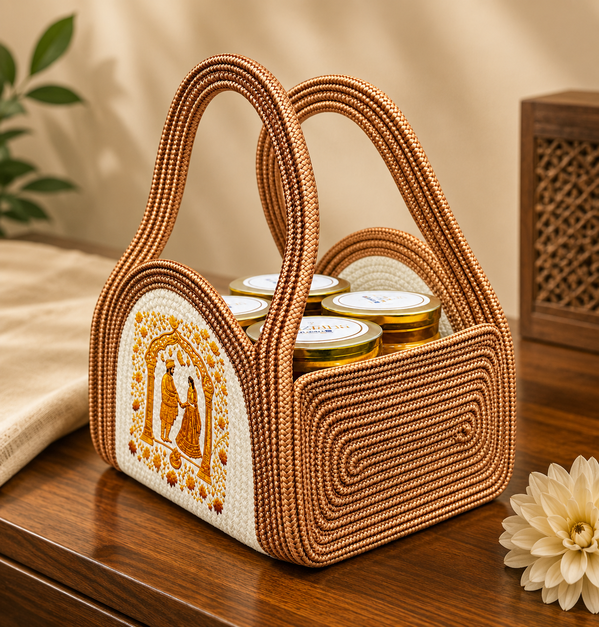 Handcrafted Jute Wedding Gift Bag – Premium Golden Embroidered Carry Bag