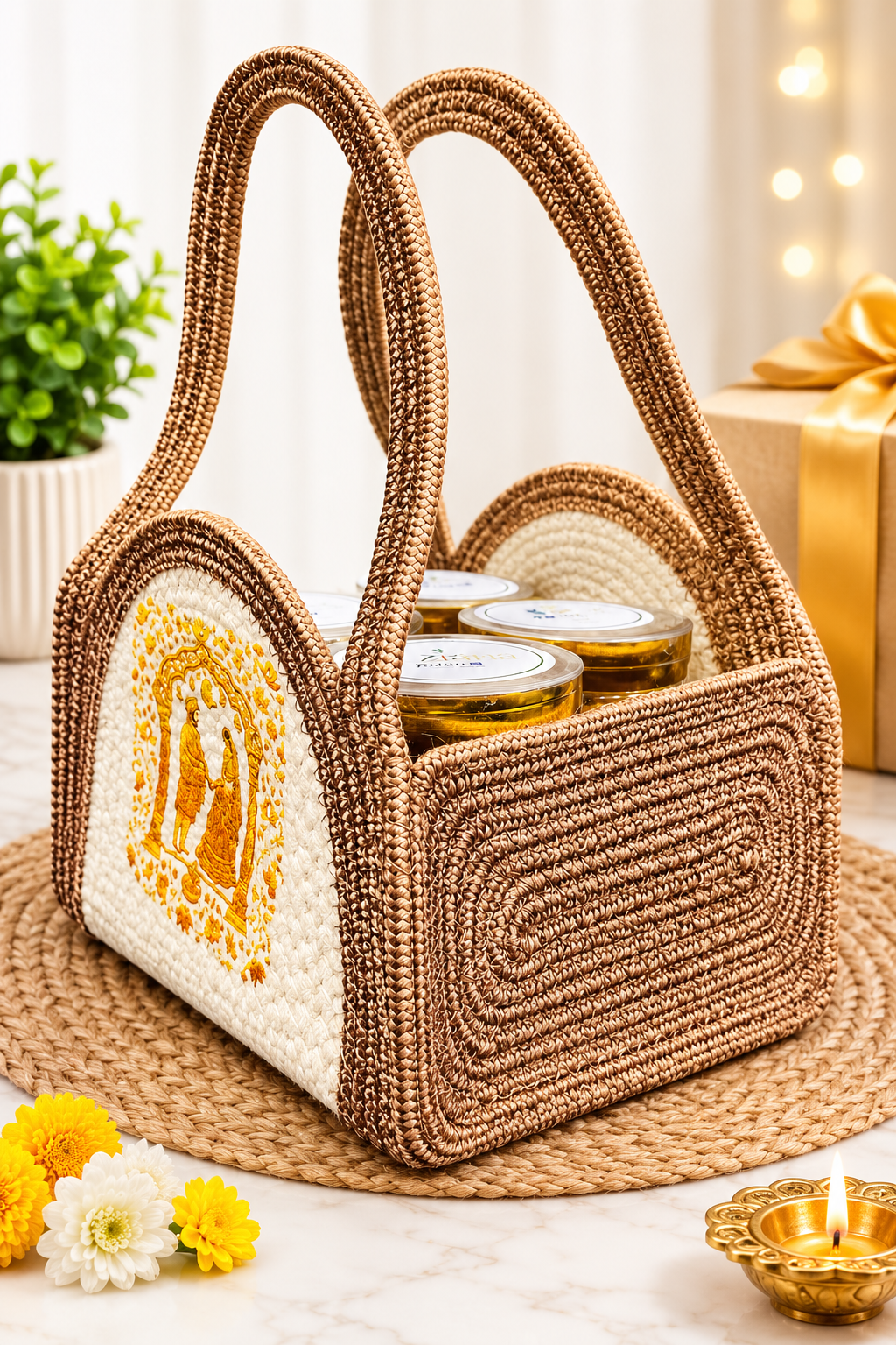 Handcrafted Jute Wedding Gift Bag – Premium Golden Embroidered Carry Bag