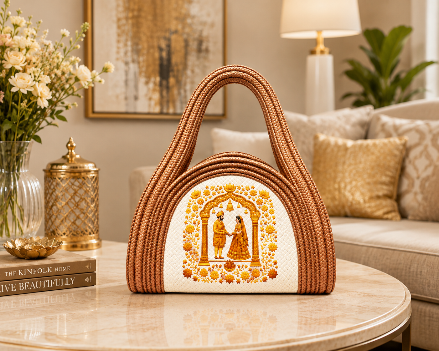 Handcrafted Jute Wedding Gift Bag – Premium Golden Embroidered Carry Bag