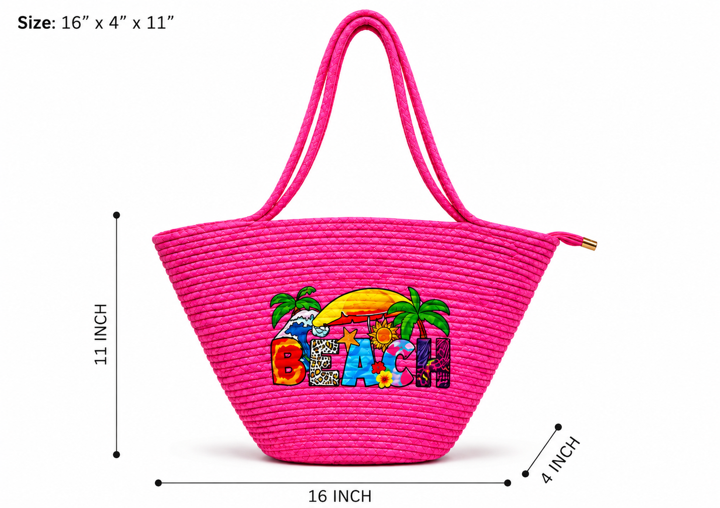 Women’s Pink Beach Tote Bag – Stylish Tropical Print Shoulder Handbag | 16×4×11 Inches
