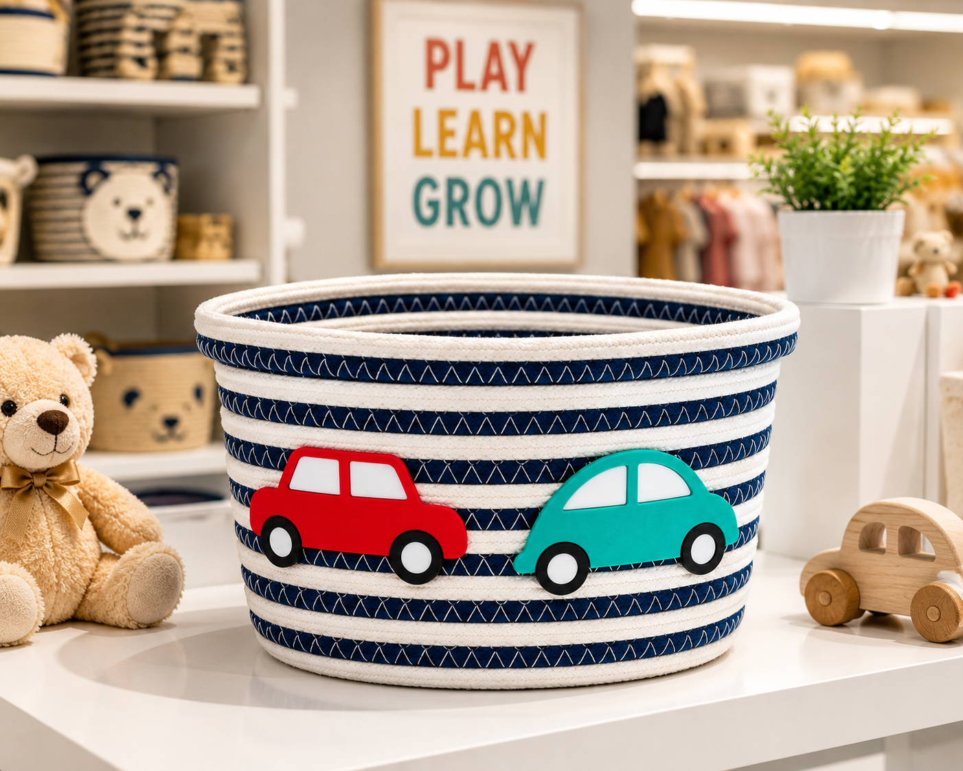 Navy Blue & White Kids Car Design Woven Storage Basket