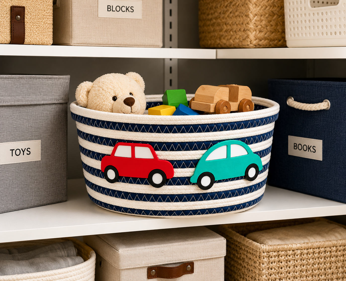 Navy Blue & White Kids Car Design Woven Storage Basket