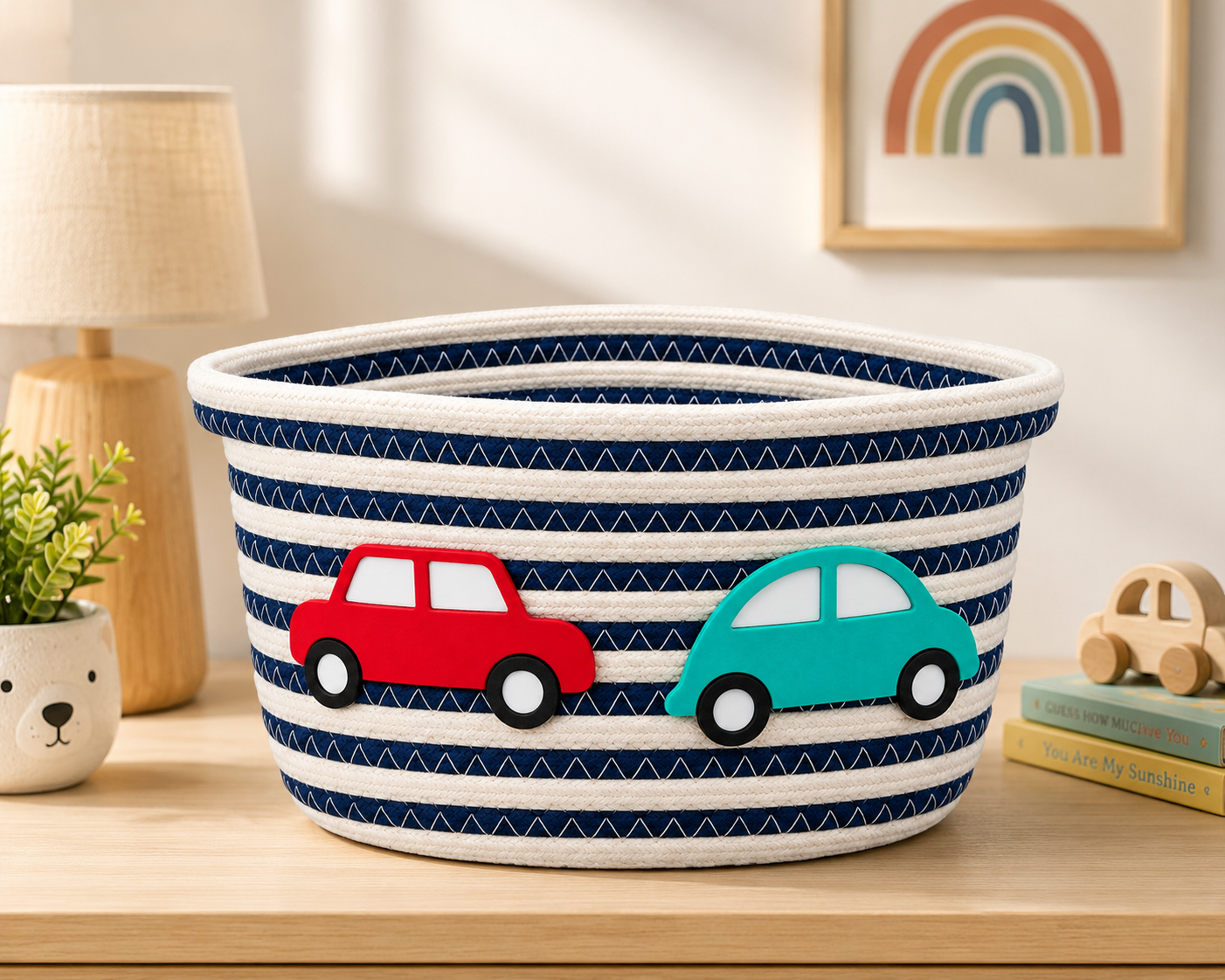 Navy Blue & White Kids Car Design Woven Storage Basket