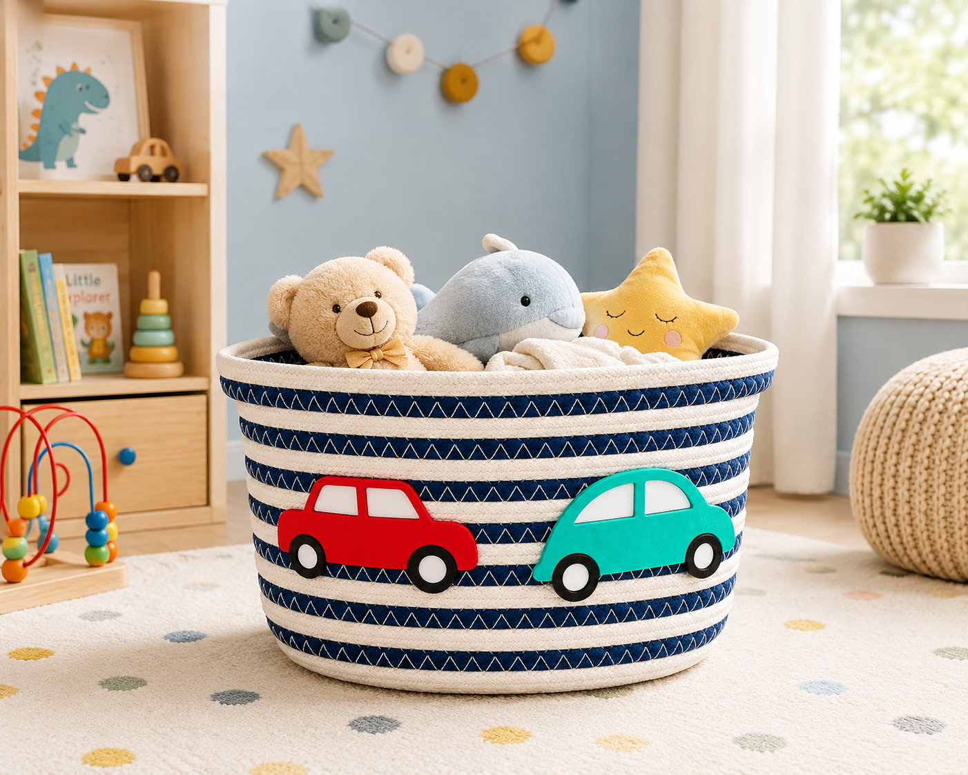 Navy Blue & White Kids Car Design Woven Storage Basket