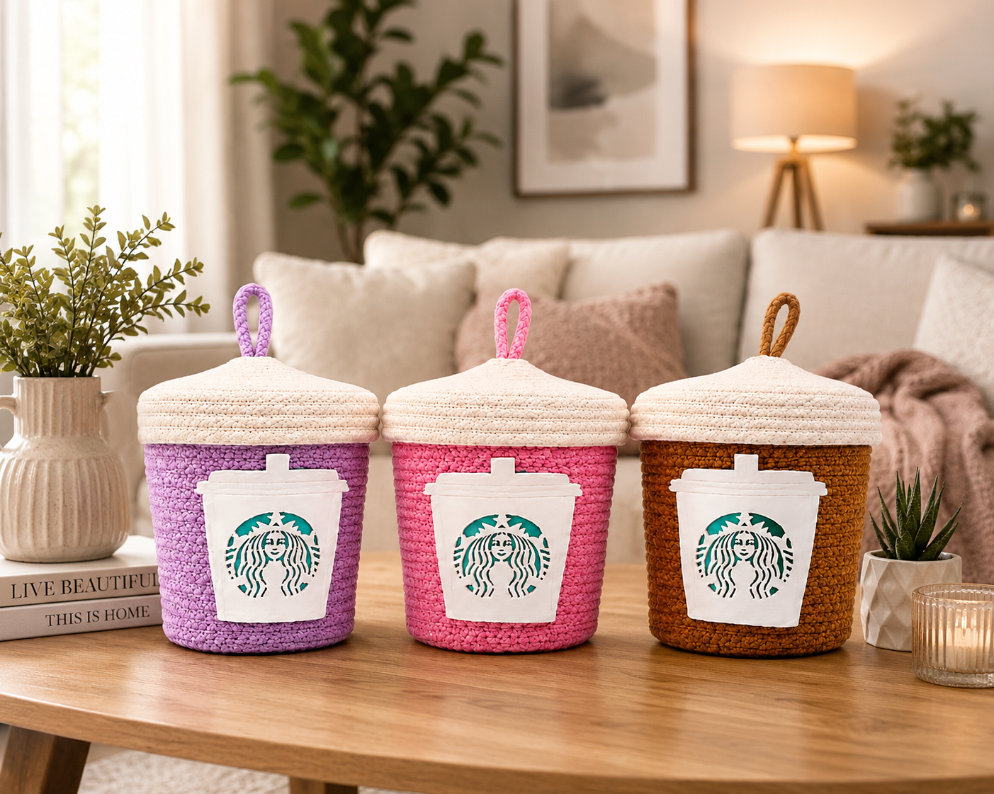Set of 3 Woven Storage Baskets with Lids – Decorative Cup Design