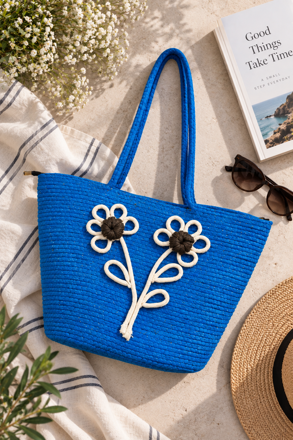 Royal Blue Daisy Bloom Handmade Jute Handbag– 16 × 11 Inch