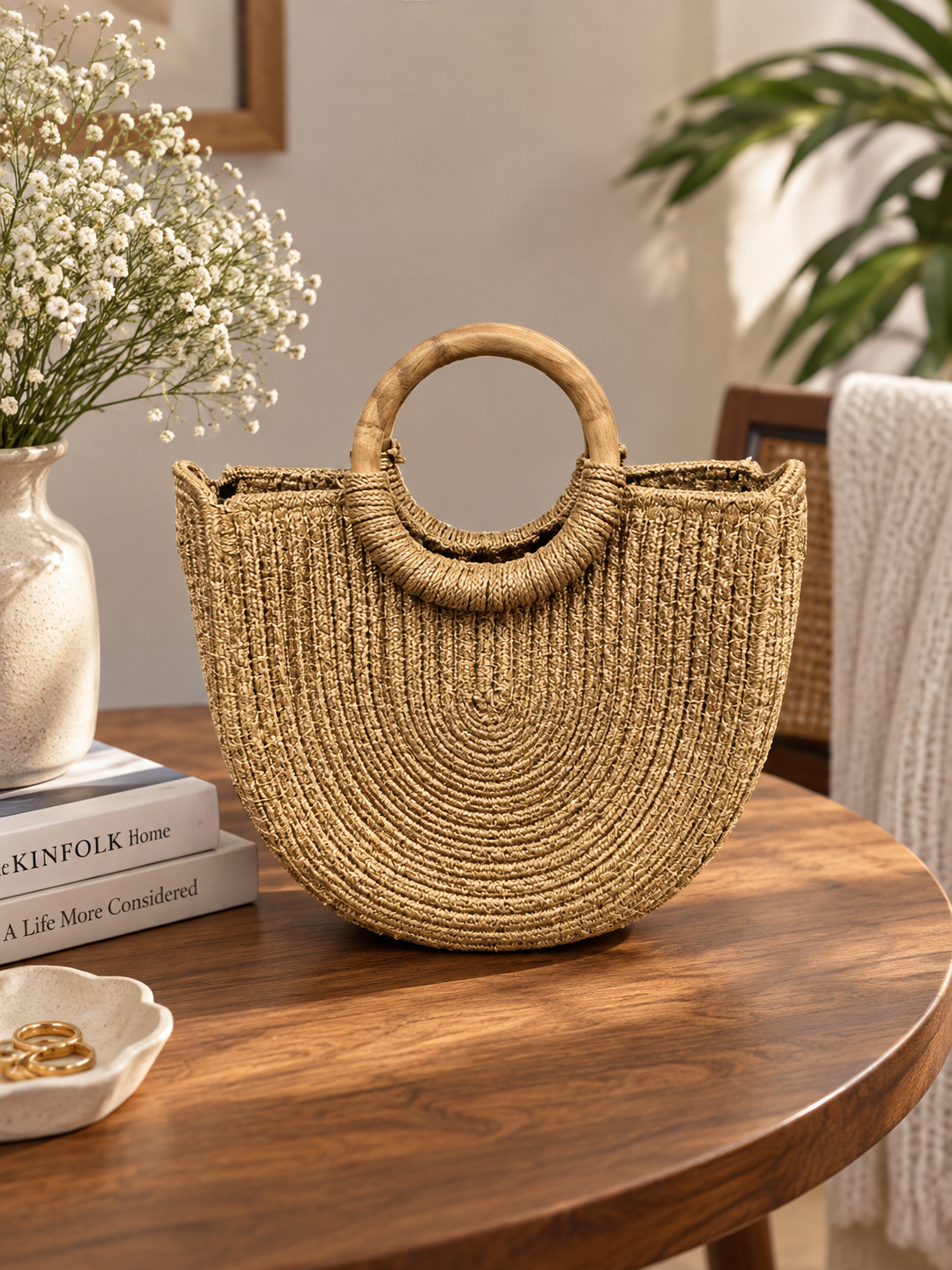 Natural Jute Round Handle Handcrafted Tote Bag