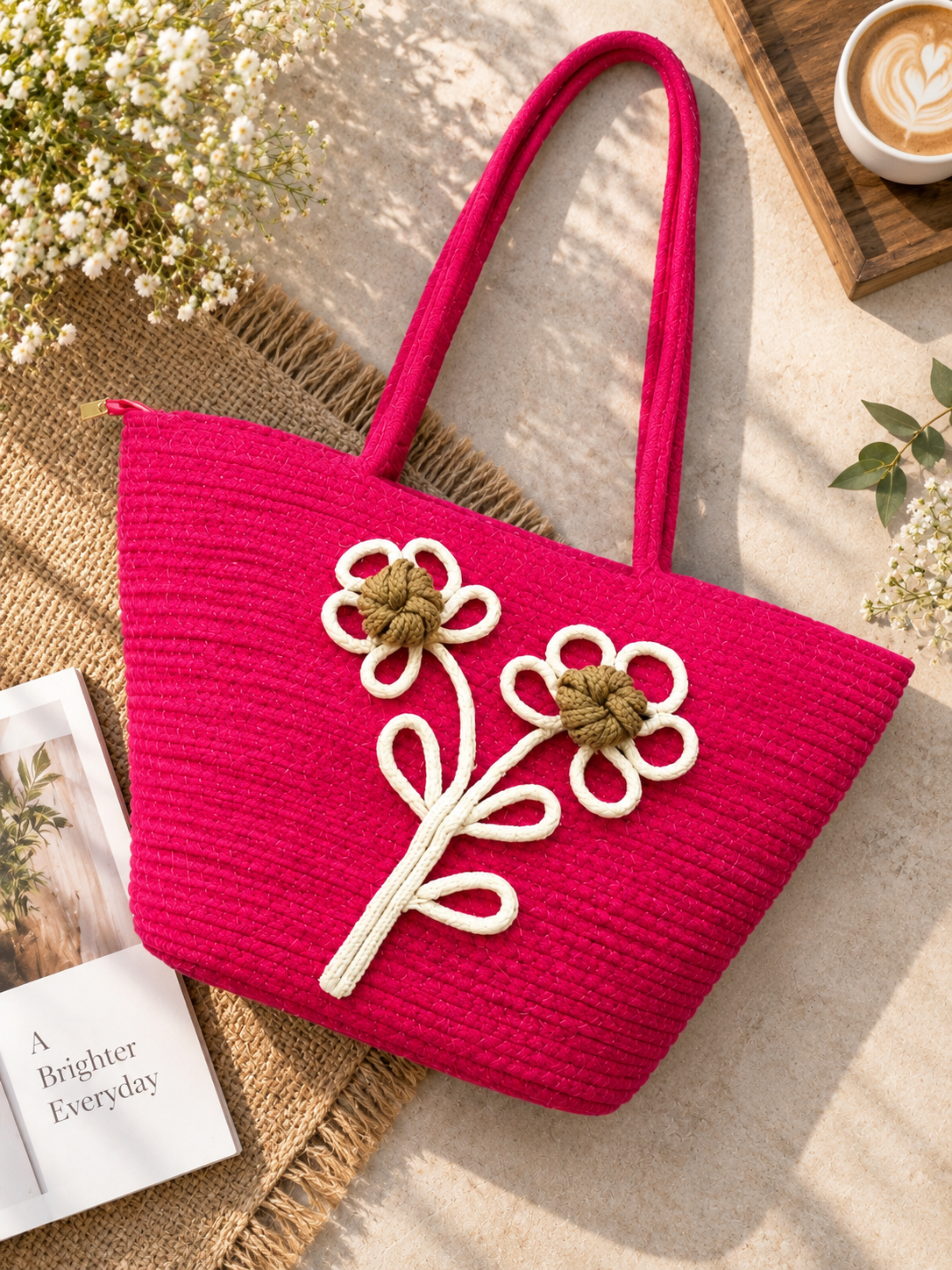 Red Daisy Bloom Handmade Jute Handbag