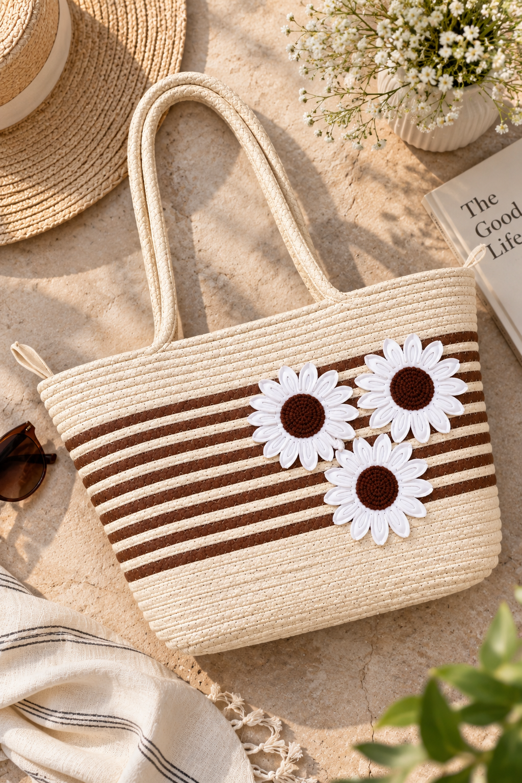 Handmade Daisy Stripe Jute Tote Bag – Floral Handcrafted Handbag