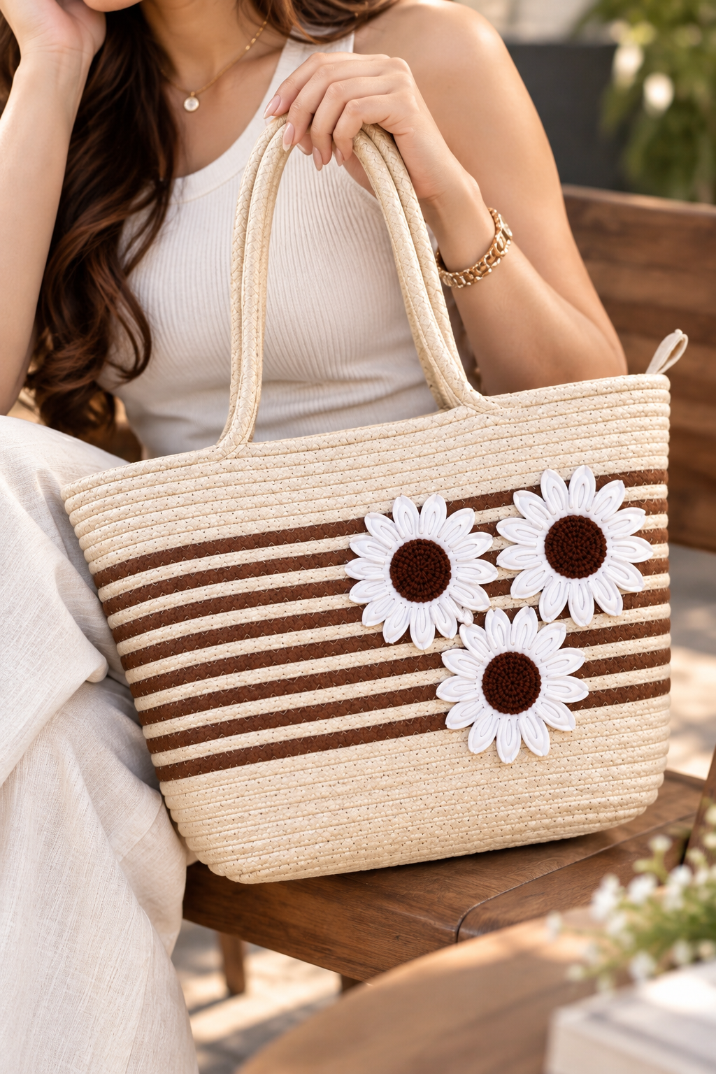 Handmade Daisy Stripe Jute Tote Bag – Floral Handcrafted Handbag