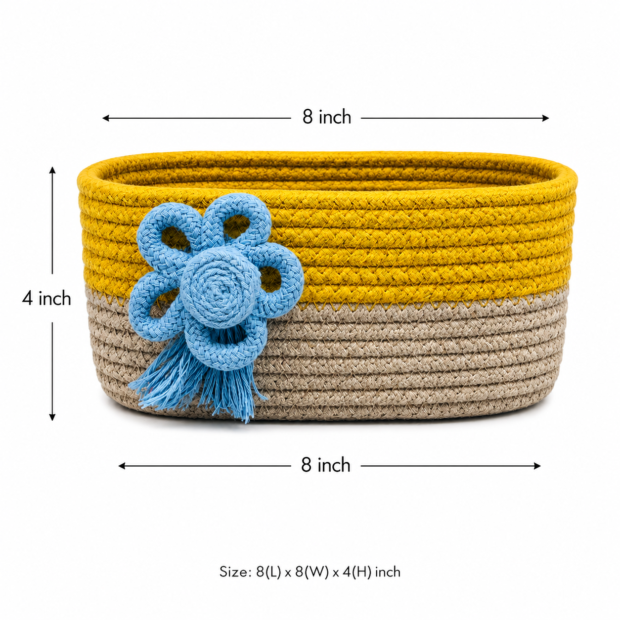 Handmade Braided Rope Storage Basket with Decorative Flower Design – Yellow & Beige