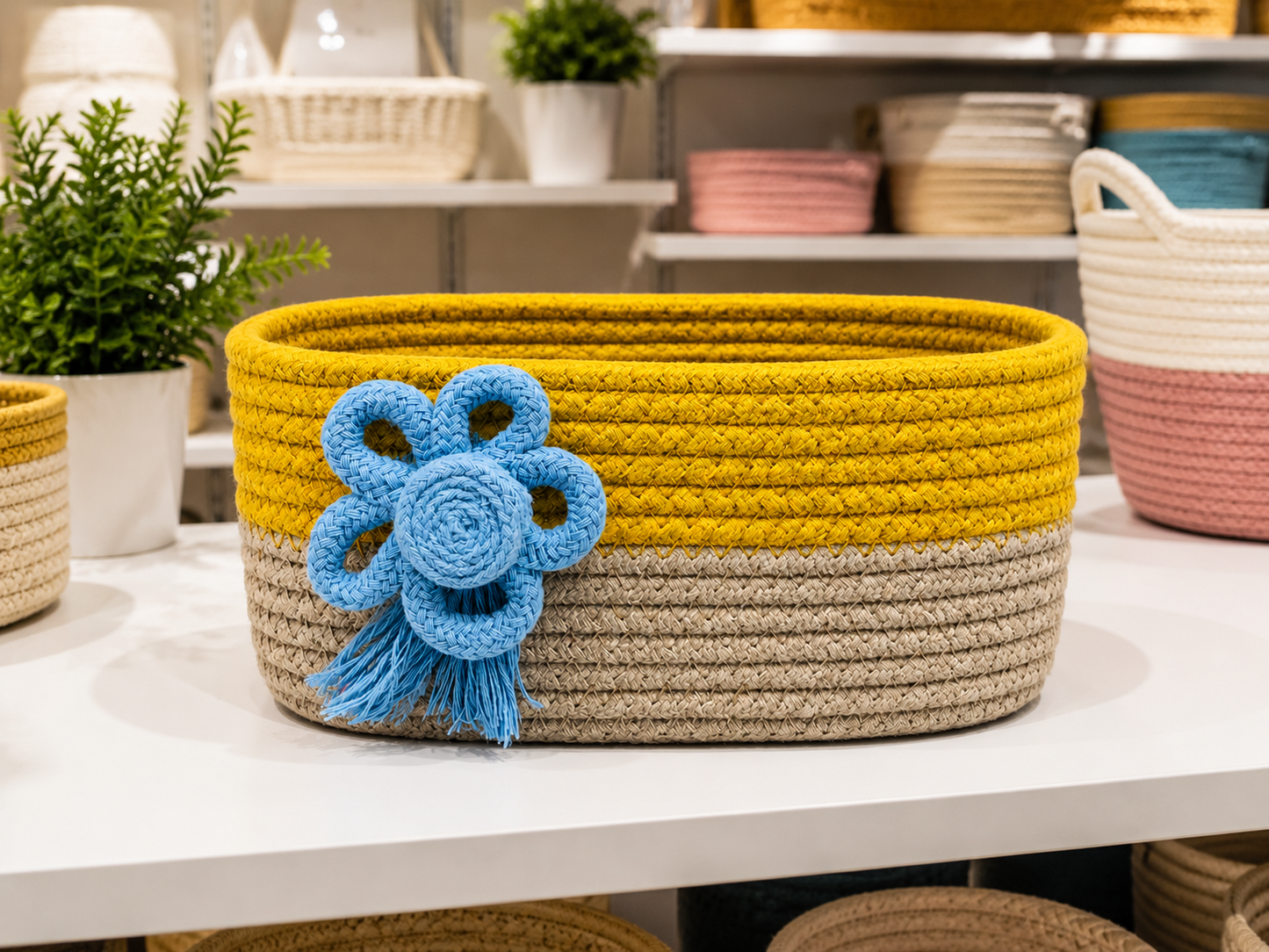 Handmade Braided Rope Storage Basket with Decorative Flower Design – Yellow & Beige