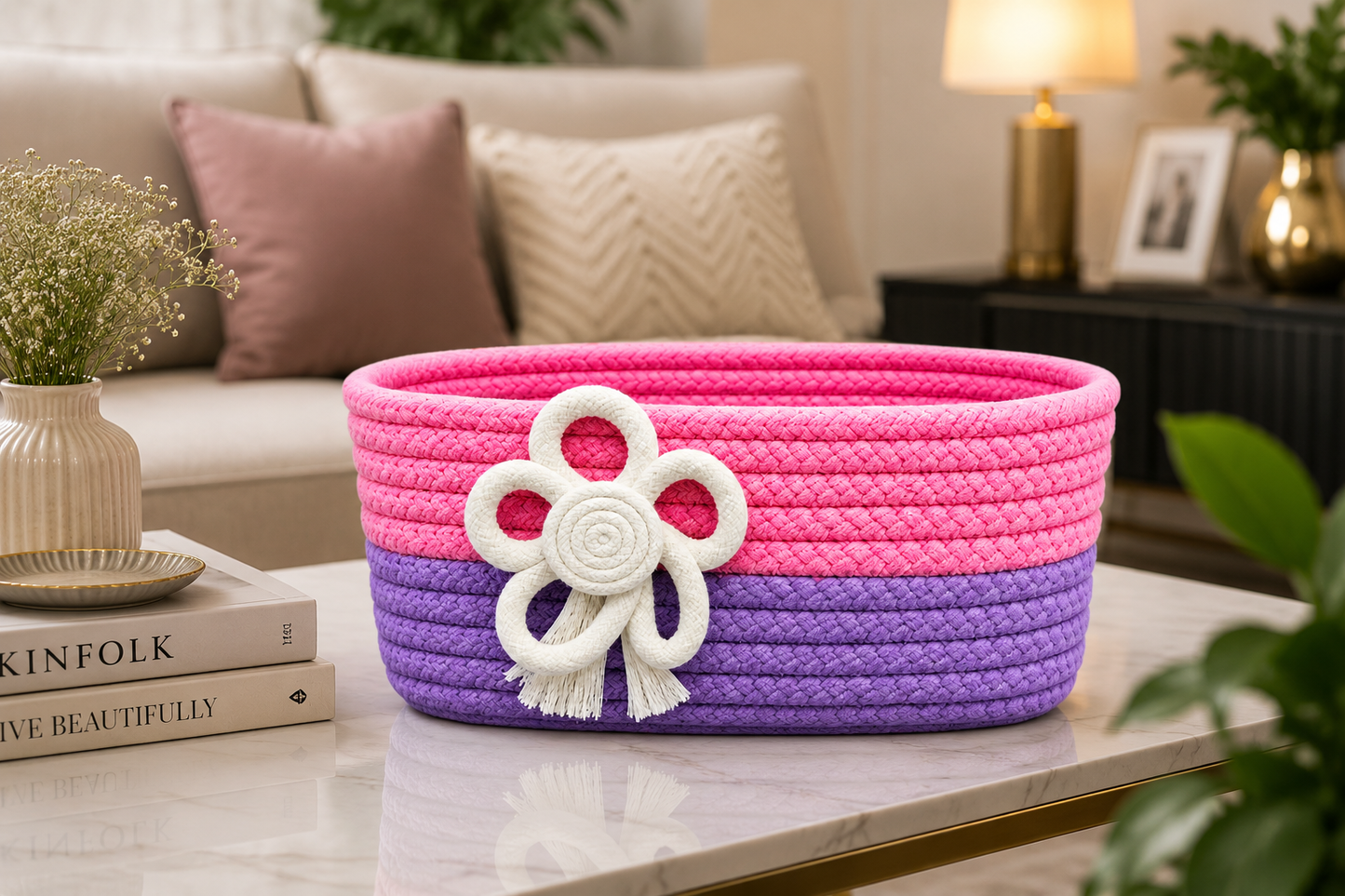 Handmade Braided Rope Storage Basket with Decorative Flower Design – Yellow & Beige