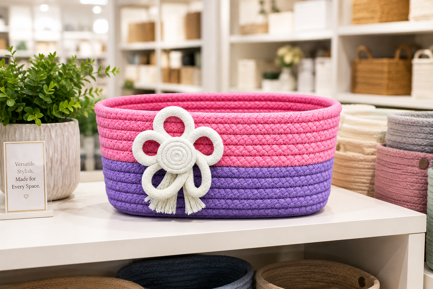 Handmade Braided Rope Storage Basket with Decorative Flower Design – Yellow & Beige
