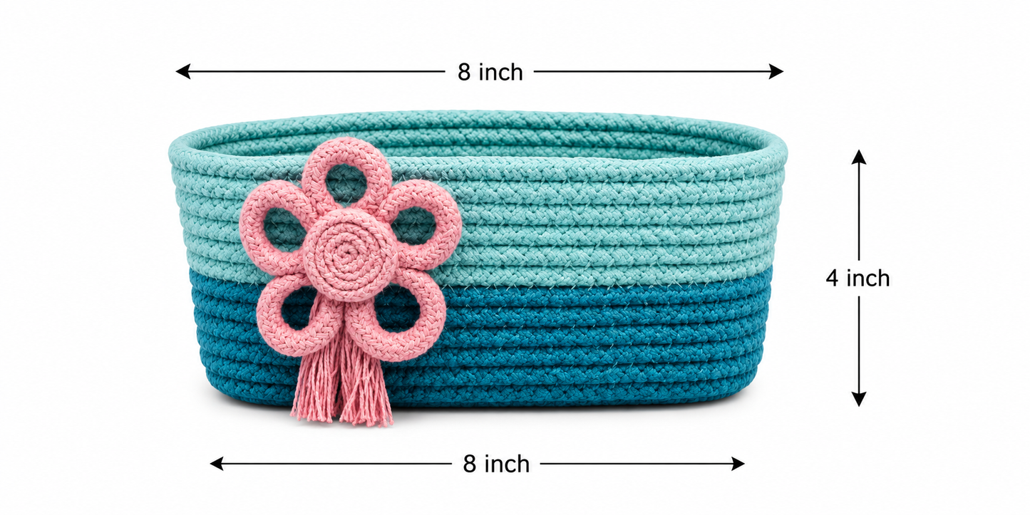 Handmade Braided Rope Storage Basket with Decorative Flower Design – Yellow & Beige