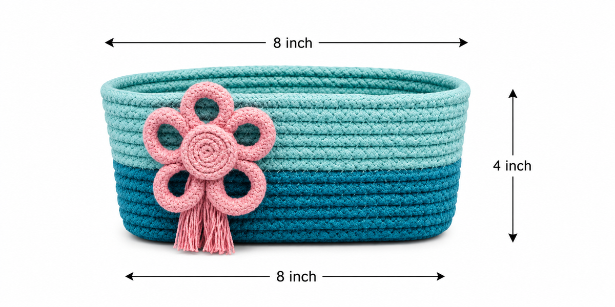 Handmade Braided Cotton Rope Storage Basket with Floral Design-8x8x4 inch