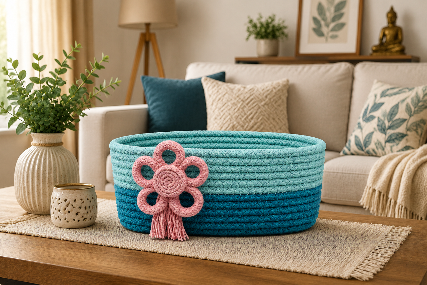 Handmade Braided Rope Storage Basket with Decorative Flower Design – Yellow & Beige