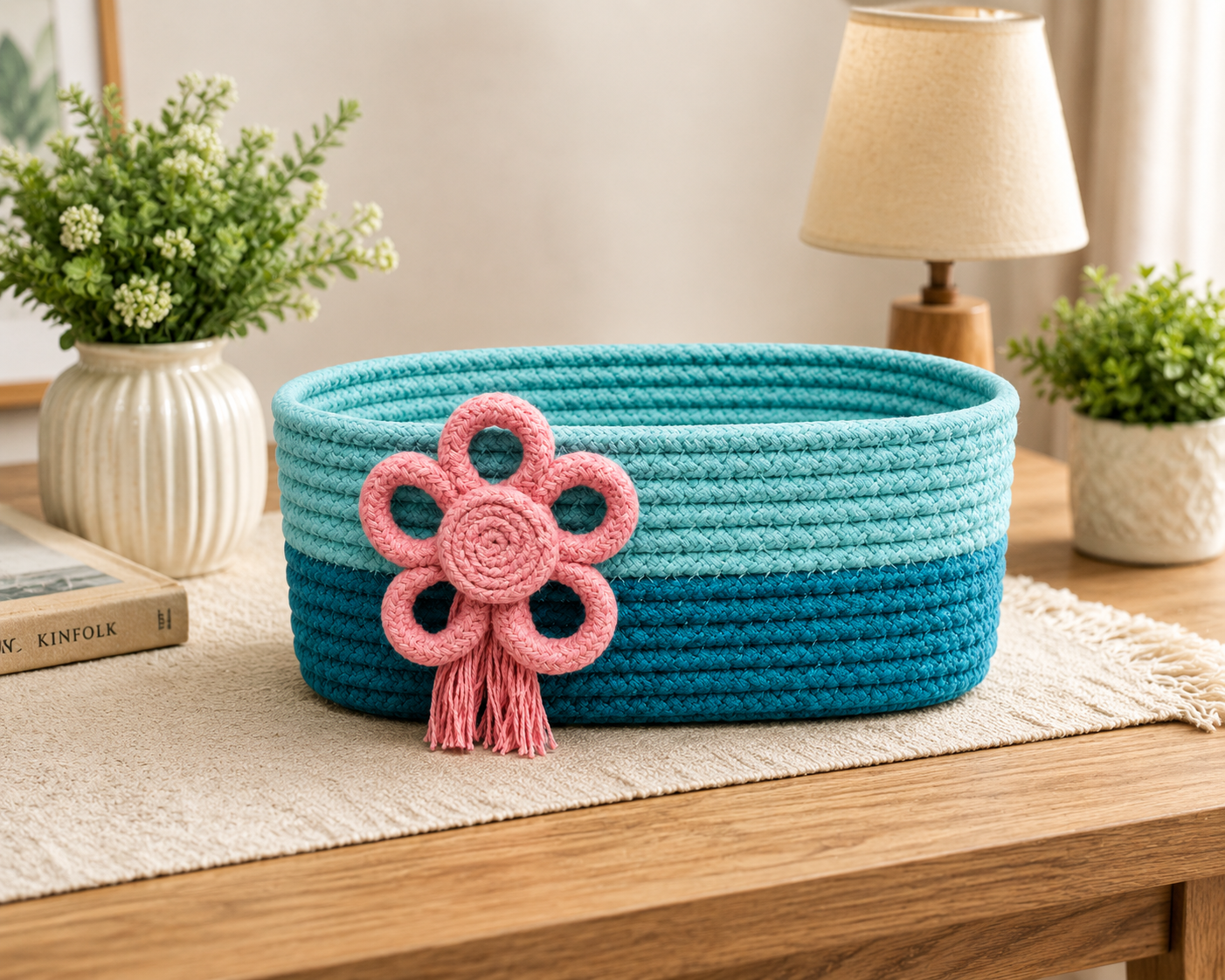 Handmade Braided Rope Storage Basket with Decorative Flower Design – Yellow & Beige