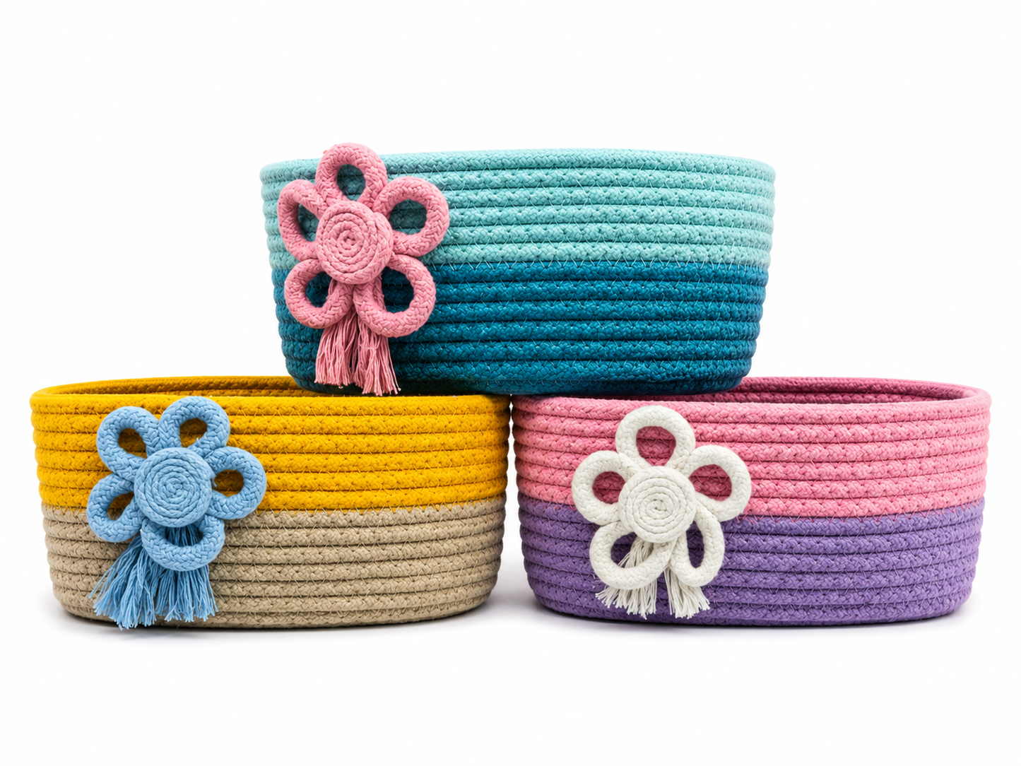 Handmade Braided Rope Storage Basket with Decorative Flower Design – Yellow & Beige