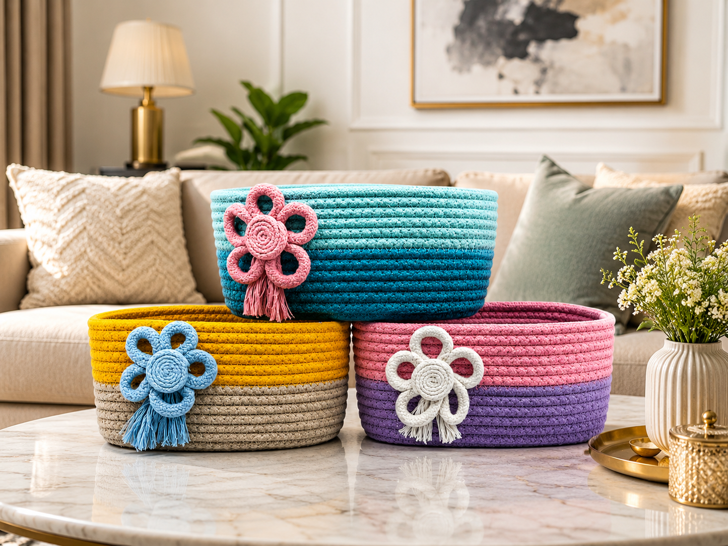Handmade Braided Rope Storage Basket with Decorative Flower Design – Yellow & Beige