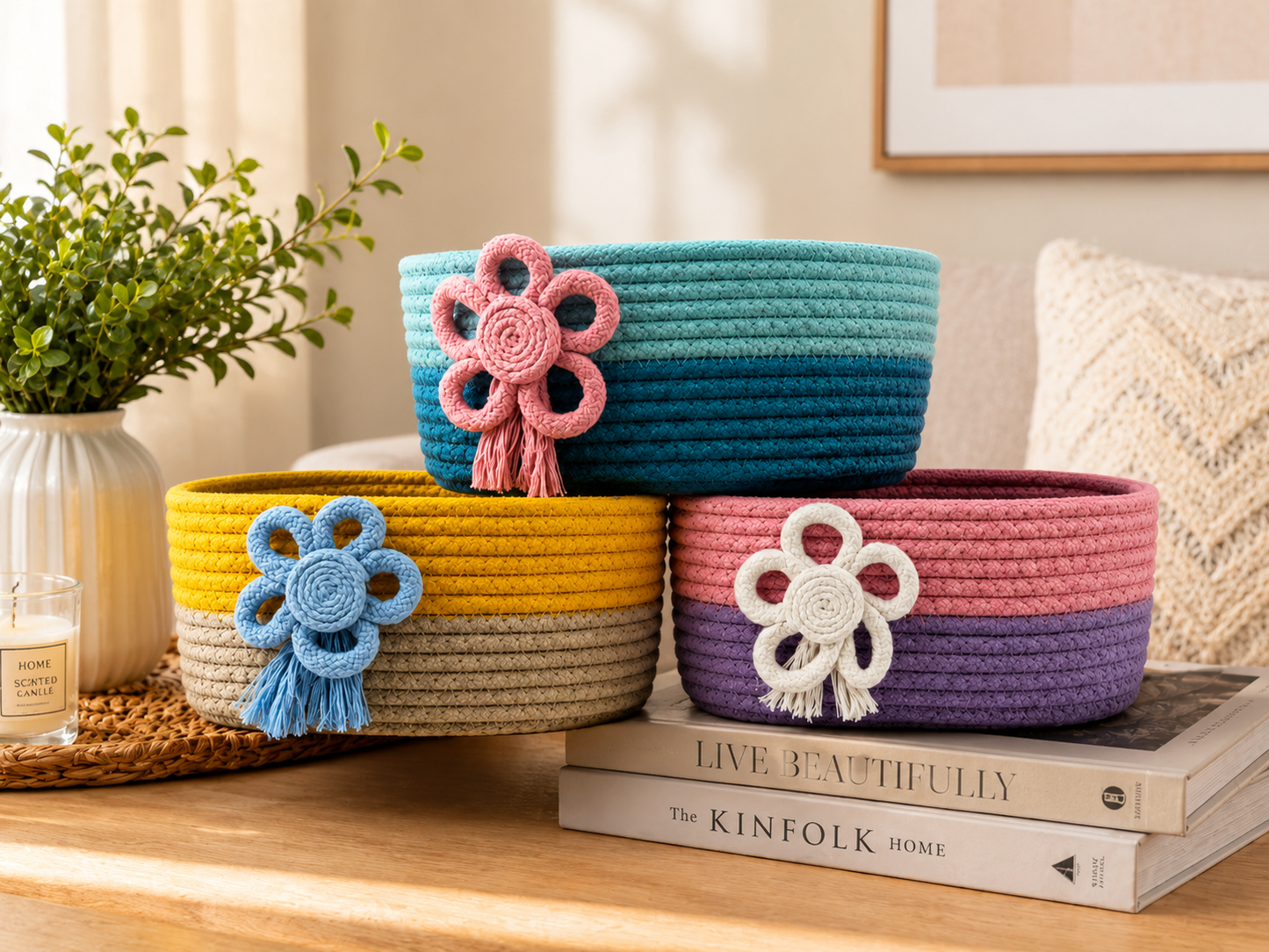 Handmade Braided Rope Storage Basket with Decorative Flower Design – Yellow & Beige