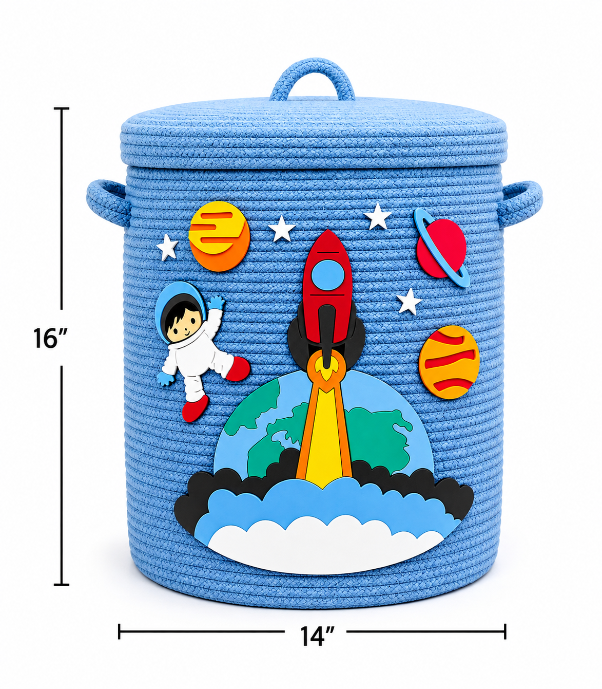 Kids Space Theme Blue Woven Storage Basket with Lid | Rocket & Astronaut Design | Decorative Toy & Clothes Organizer