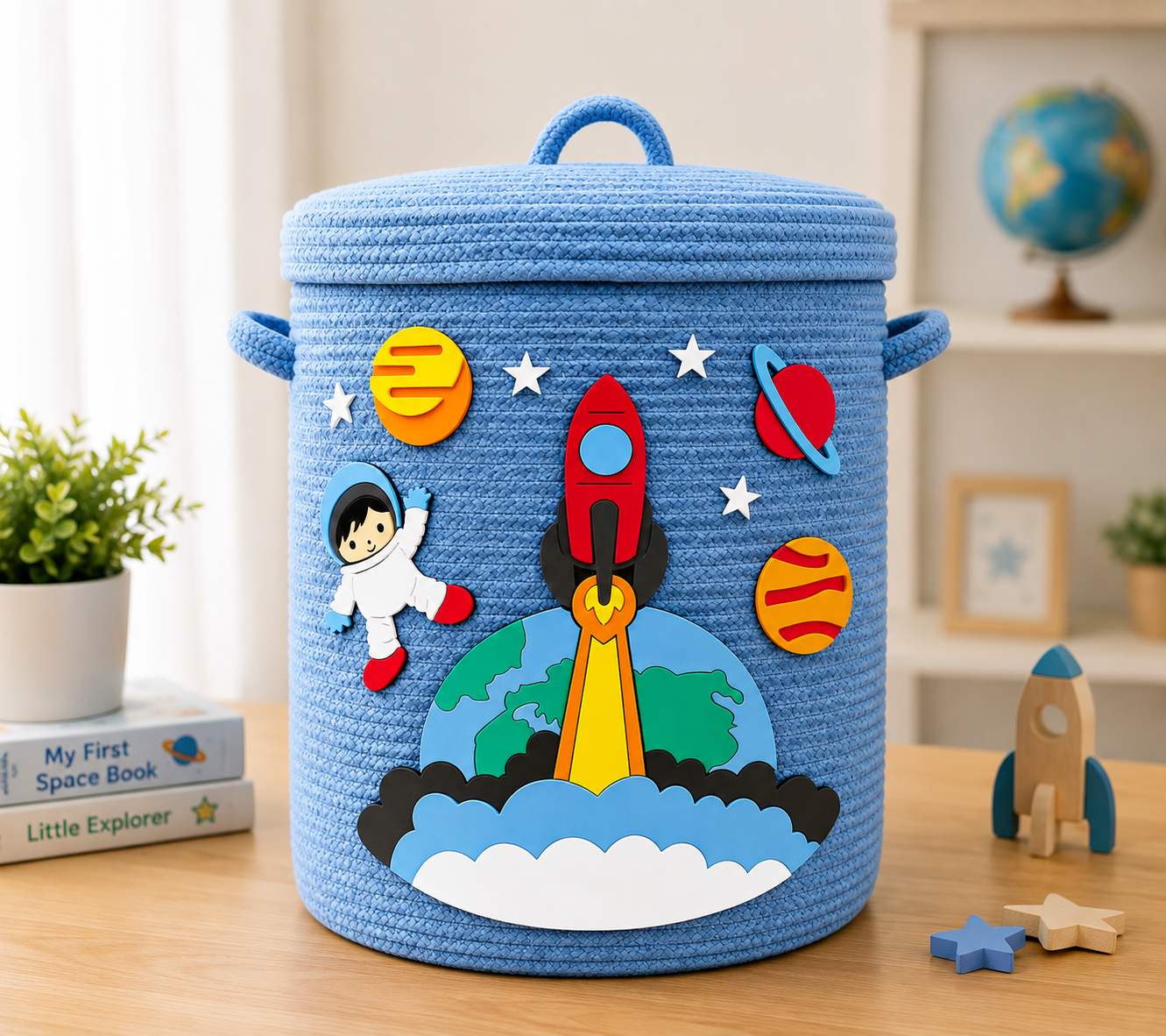 Kids Space Theme Blue Woven Storage Basket with Lid | Rocket & Astronaut Design | Decorative Toy & Clothes Organizer