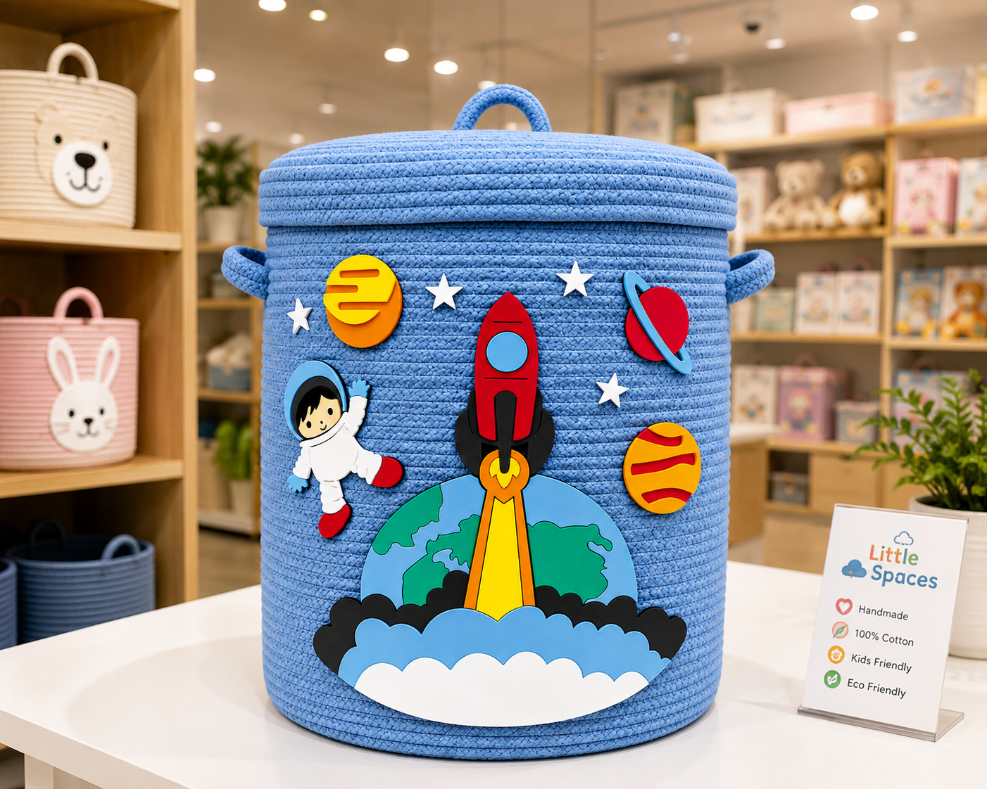 Kids Space Theme Blue Woven Storage Basket with Lid | Rocket & Astronaut Design | Decorative Toy & Clothes Organizer