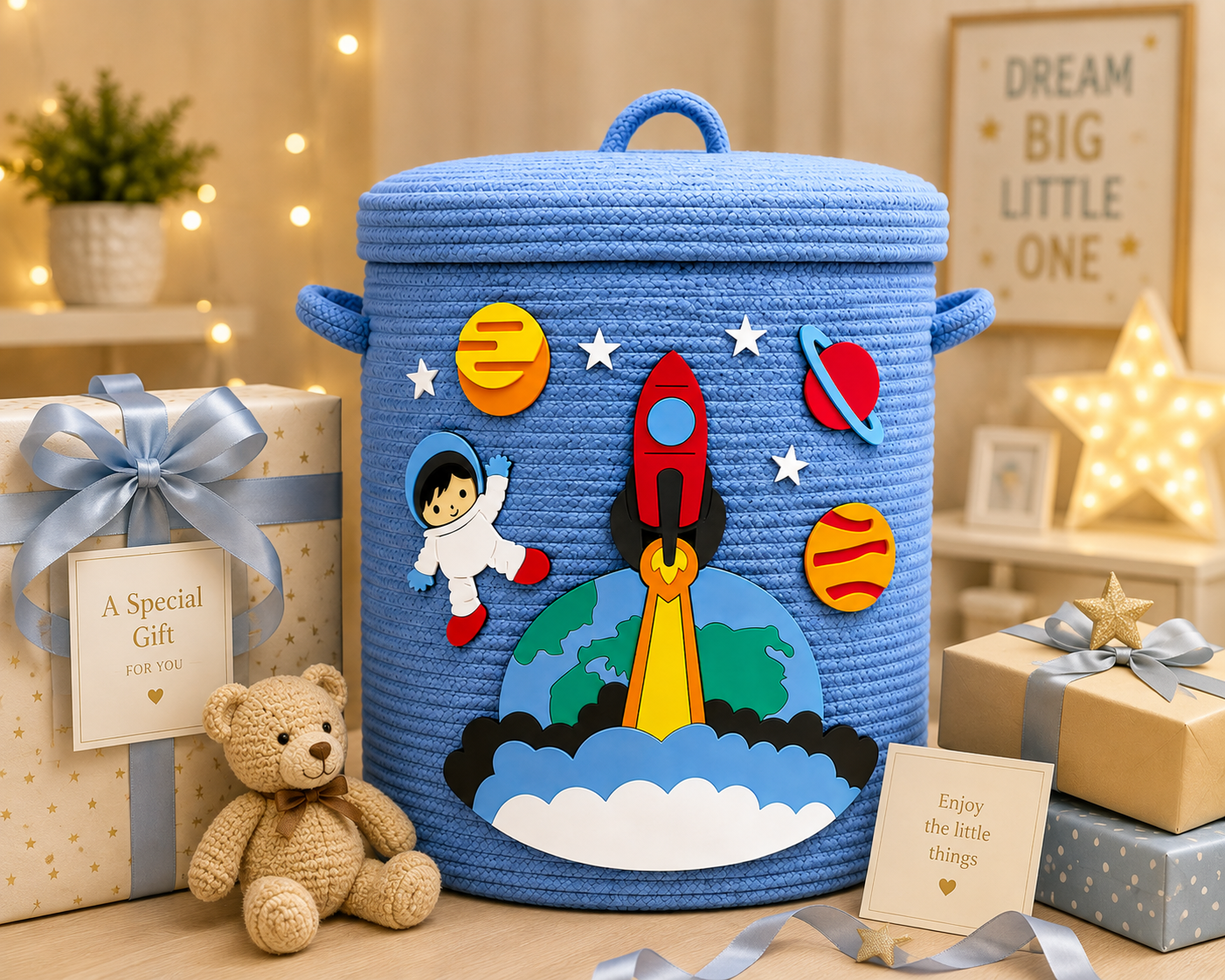 Kids Space Theme Blue Woven Storage Basket with Lid | Rocket & Astronaut Design | Decorative Toy & Clothes Organizer