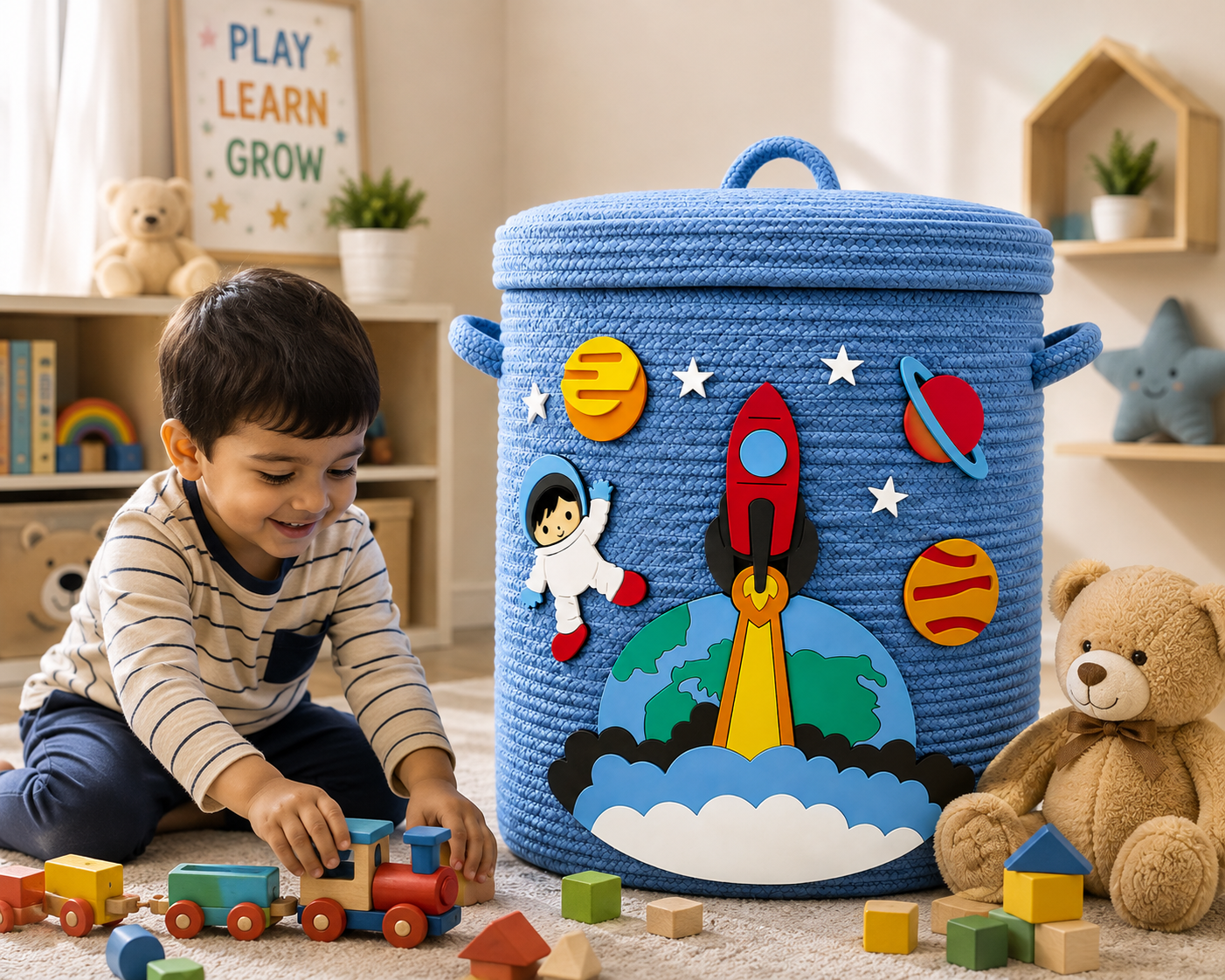 Kids Space Theme Blue Woven Storage Basket with Lid | Rocket & Astronaut Design | Decorative Toy & Clothes Organizer