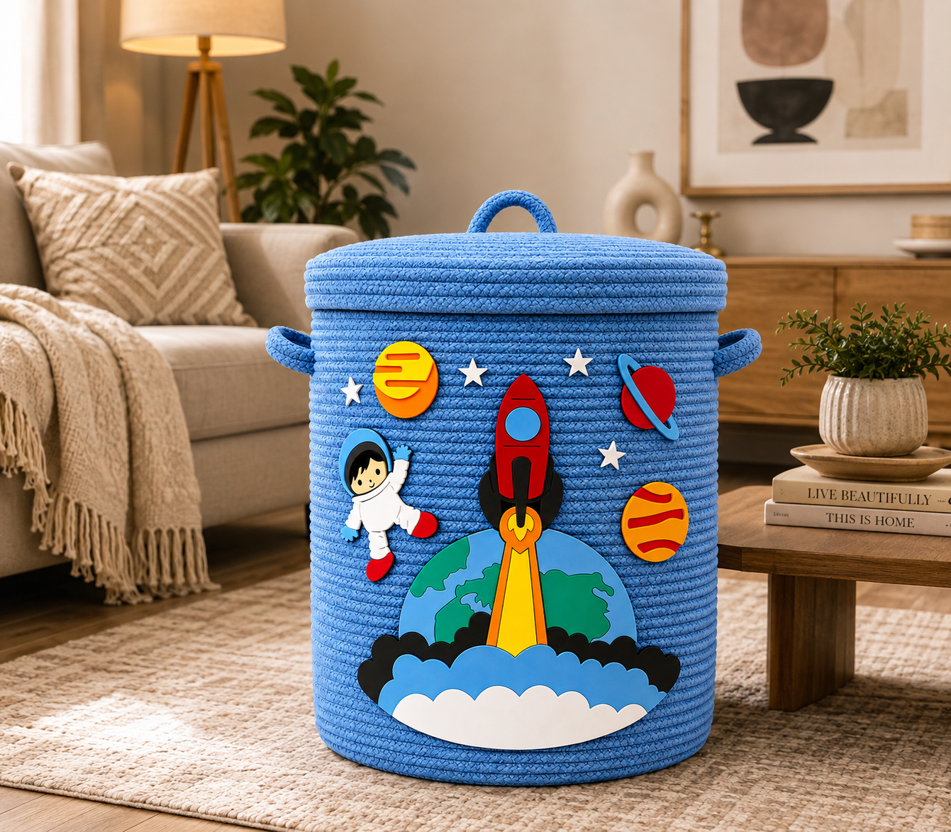 Kids Space Theme Blue Woven Storage Basket with Lid | Rocket & Astronaut Design | Decorative Toy & Clothes Organizer