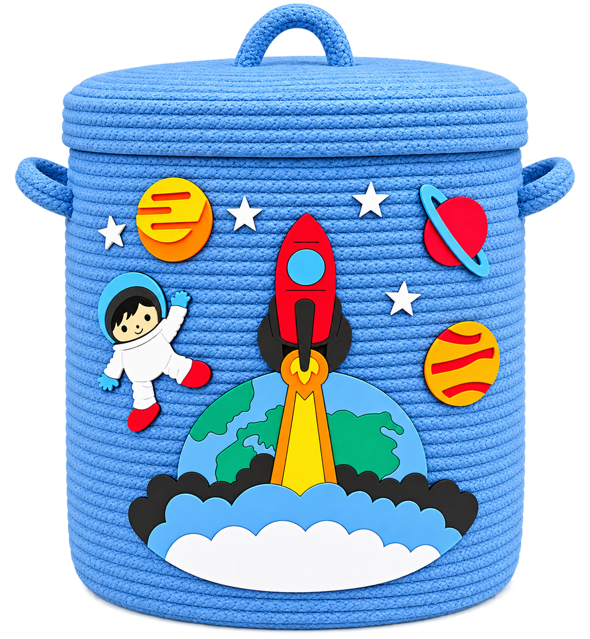Kids Space Theme Blue Woven Storage Basket with Lid | Rocket & Astronaut Design | Decorative Toy & Clothes Organizer