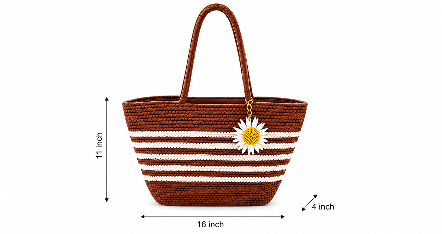 Handcrafted Brown & White Striped Woven Tote Bag with Daisy Charm