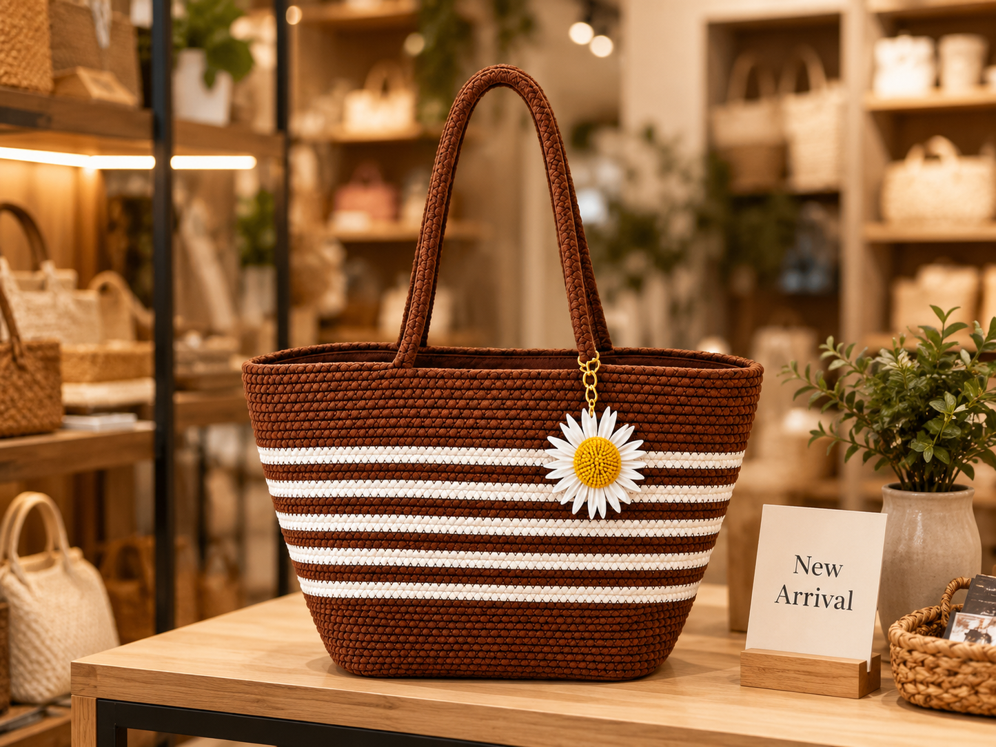 Handcrafted Brown & White Striped Woven Tote Bag with Daisy Charm