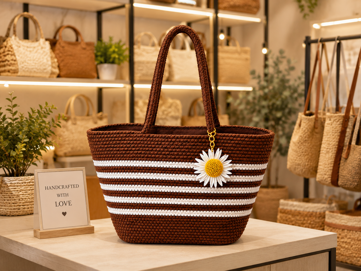 Handcrafted Brown & White Striped Woven Tote Bag with Daisy Charm