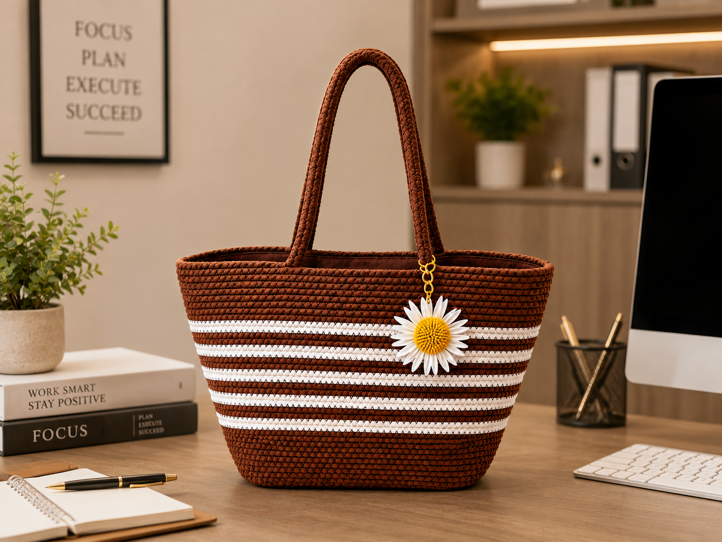 Handcrafted Brown & White Striped Woven Tote Bag with Daisy Charm