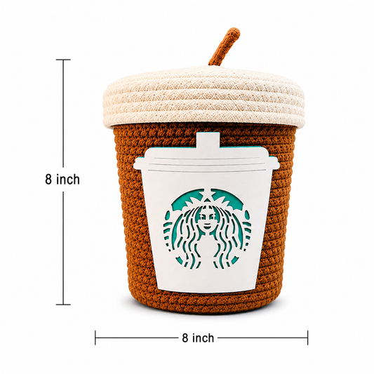 Handcrafted Crochet Storage Basket with Lid | Decorative Coffee Cup Design | 8 × 8 Inch | Lavender, Pink & Brown