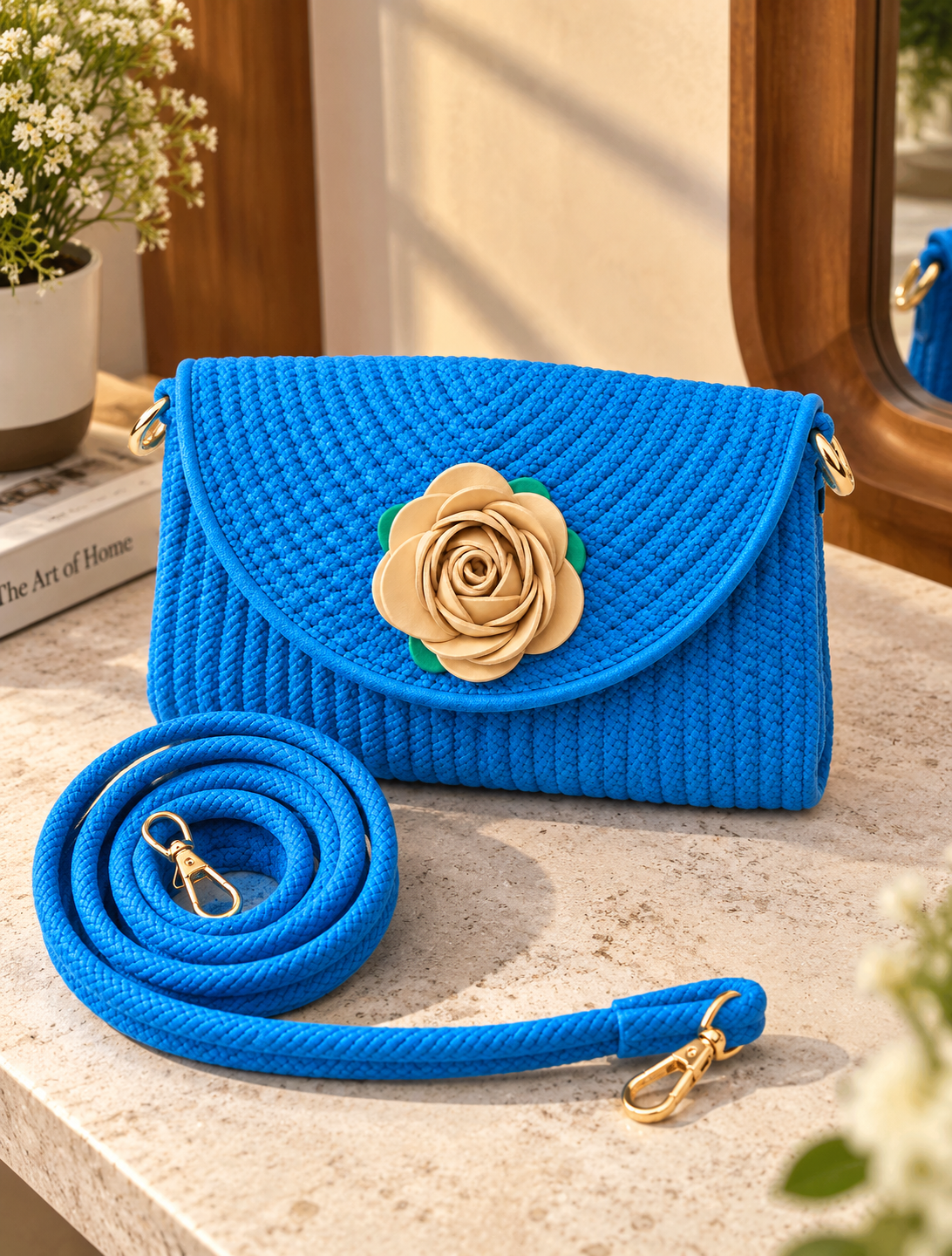 Handmade Woven Sling Bag with Floral Detailing & Detachable Strap | Stylish Clutch & Crossbody Bag for Women-12x7 inch