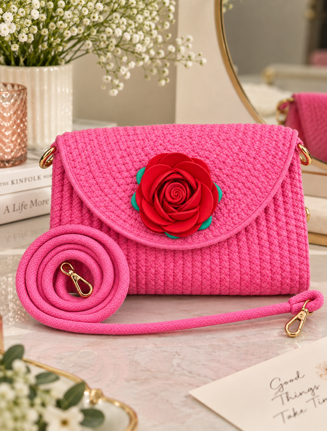 Handmade Woven Sling Bag with Floral Detailing & Detachable Strap | Stylish Clutch & Crossbody Bag for Women-12x7 inch