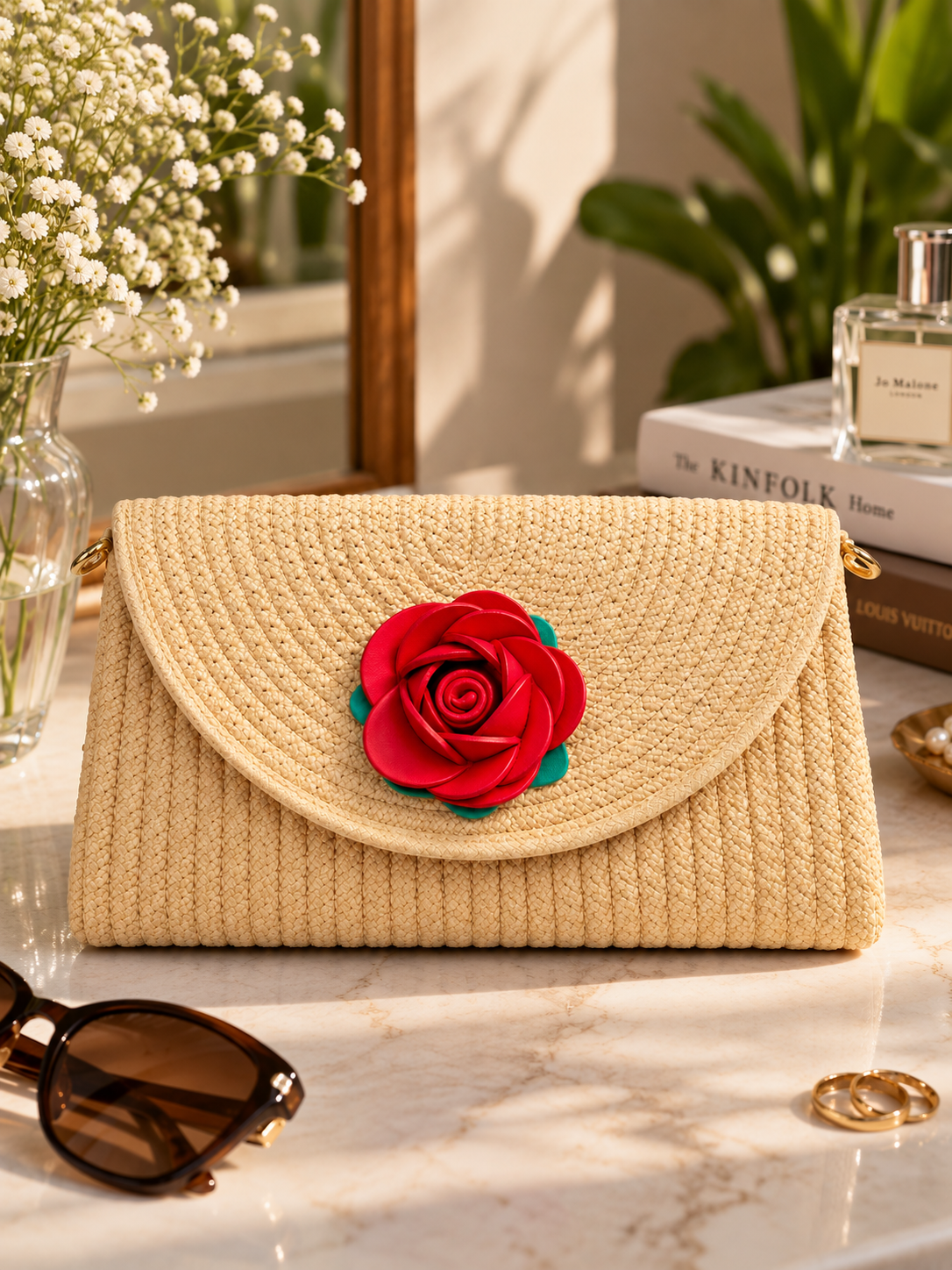 Handmade Woven Sling Bag with Floral Detailing & Detachable Strap | Stylish Clutch & Crossbody Bag for Women-12x7 inch